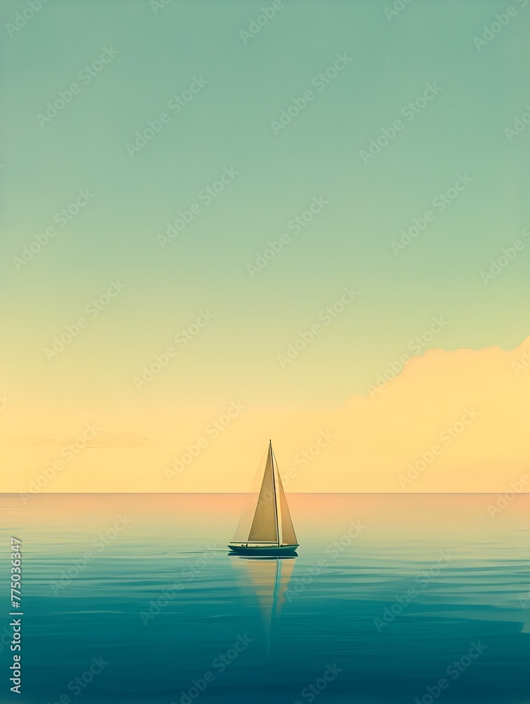 Ethereal Sailboat Adrift in Twilight Waters A Vintage Poster Inspired Landscape of Peaceful Solitude