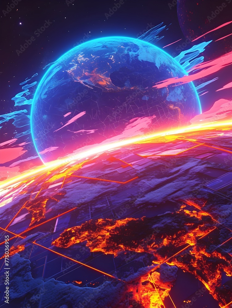 Fototapeta premium Retro Synthwave Earth Vivid Heat Map of Warming Planet from Space