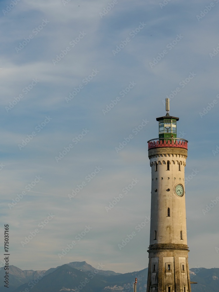 Vertical shot of the Lindau Lighthouse,  on Lake Constance in Lindau, Germany,