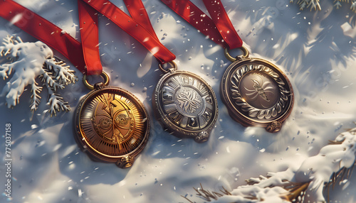 A gold, silver and bronze medallion with red ribbons lying on top of snow photo