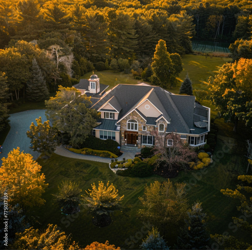 beautiful picture from drone of an american house  close shot  outdoor  no people  golden hour