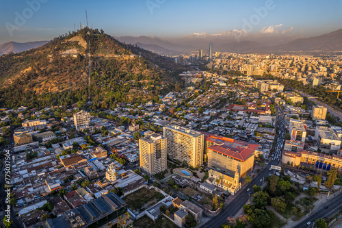Beautiful aerial view of the San Cristobal Hill and the city of Santiago de Chile photo