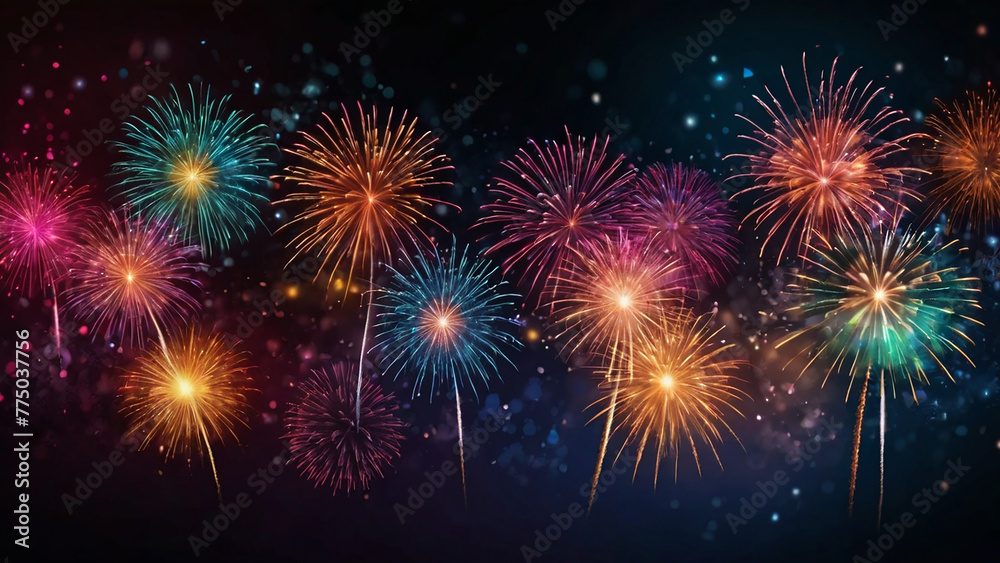 Colorful fireworks of various colors over night sky. Celebration concept.