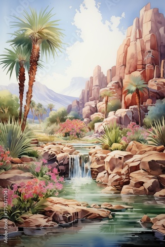 Oasis paradise: tranquil waterfall and palms