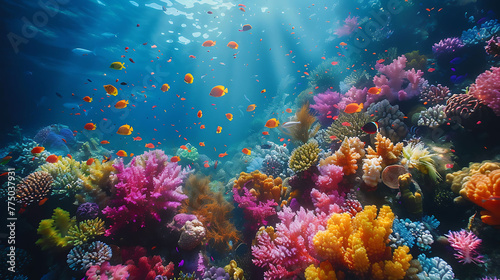 An aerial view of a colorful coral reef bustling with marine life
