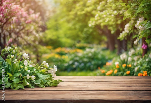 Empty wooden table for product display montages with spring flowers in the garden