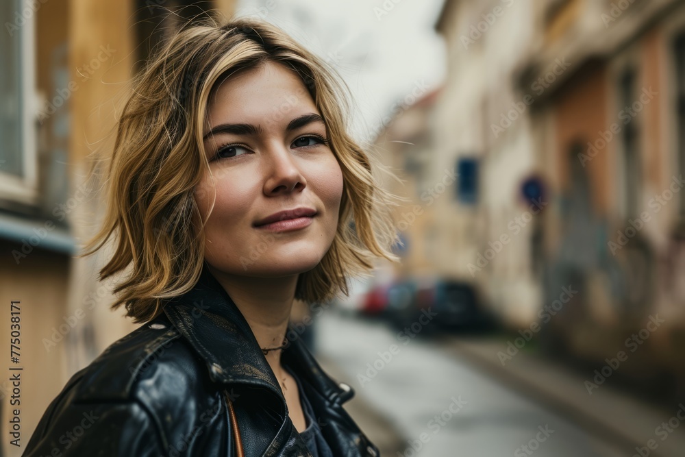 Portrait of a beautiful young woman with blond hair on the street