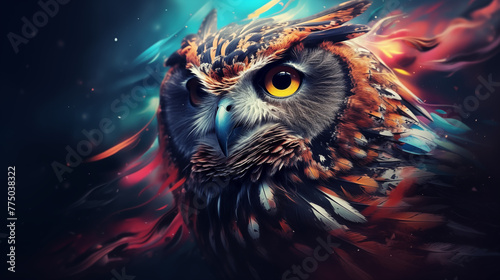 Colorful Double Exposure Abstract Owl Portrait,Owl on abstract background. Bird of prey. Digital painting, Abstract animal owl portrait closeup with colorful double-exposure paint © hamad
