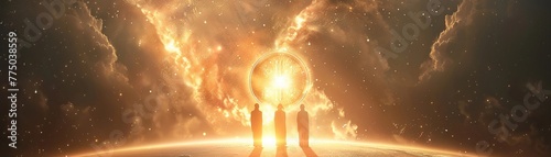 Heavenly figures trading Bitcoins, medium shot, celestial light, harmonious exchange photo