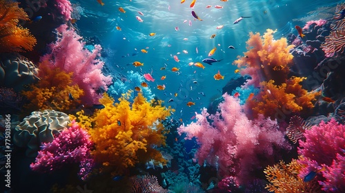 An aerial view of a colorful coral reef teeming with marine life
