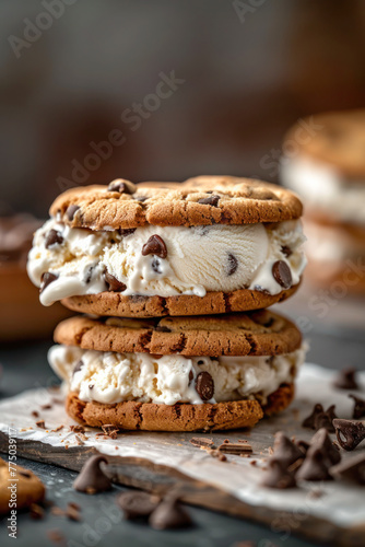 Chocolate Chip Cookie Ice Cream Sandwich. A delicious ice cream sandwich made with chocolate chip cookies and vanilla ice cream  perfect for a sweet treat.