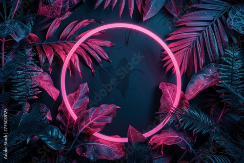 Light sky-blue and dark turquoise hues dance within a glowing pink neon frame, adorned with tropical leaves in a circular composition. Digitally manipulated to evoke a light-filled junglepunk dreamsca