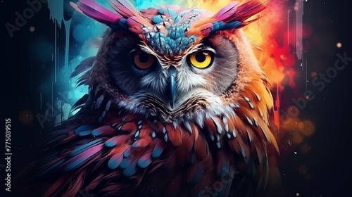 Colorful Double Exposure Abstract Owl Portrait,Owl on abstract background. Bird of prey. Digital painting, Abstract animal owl portrait closeup with colorful double-exposure paint © hamad