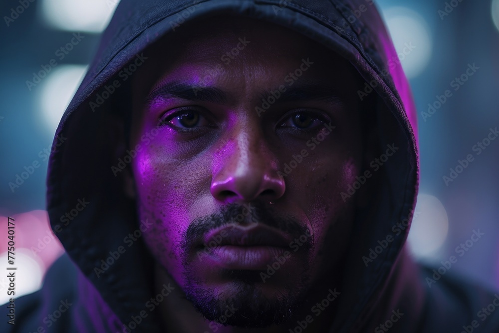 A man with a hood over his head is wearing a black hoodie A man with a hood over his head is wearing a black hoodie