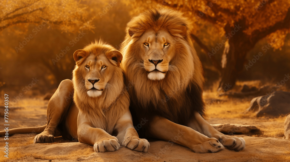 Stunning African Lion Couple: Pair of Wildlife Predators in Their Natural Pride Stunning African Lion Couple: Pair of Wildlife Predators in Their Natural Pride