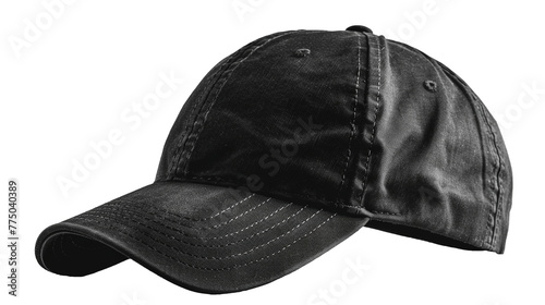 A mockup of a black baseball cap set on a transparent background.