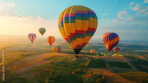 An aerial view of a colorful hot air balloon festival taking place in a open field