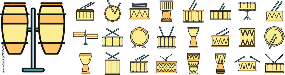 Drum icons set outline vector. Instrument music. Bongo bass thin line color flat on white - obrazy, fototapety, plakaty 