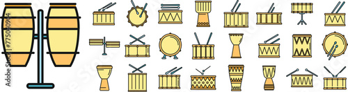 Drum icons set outline vector. Instrument music. Bongo bass thin line color flat on white