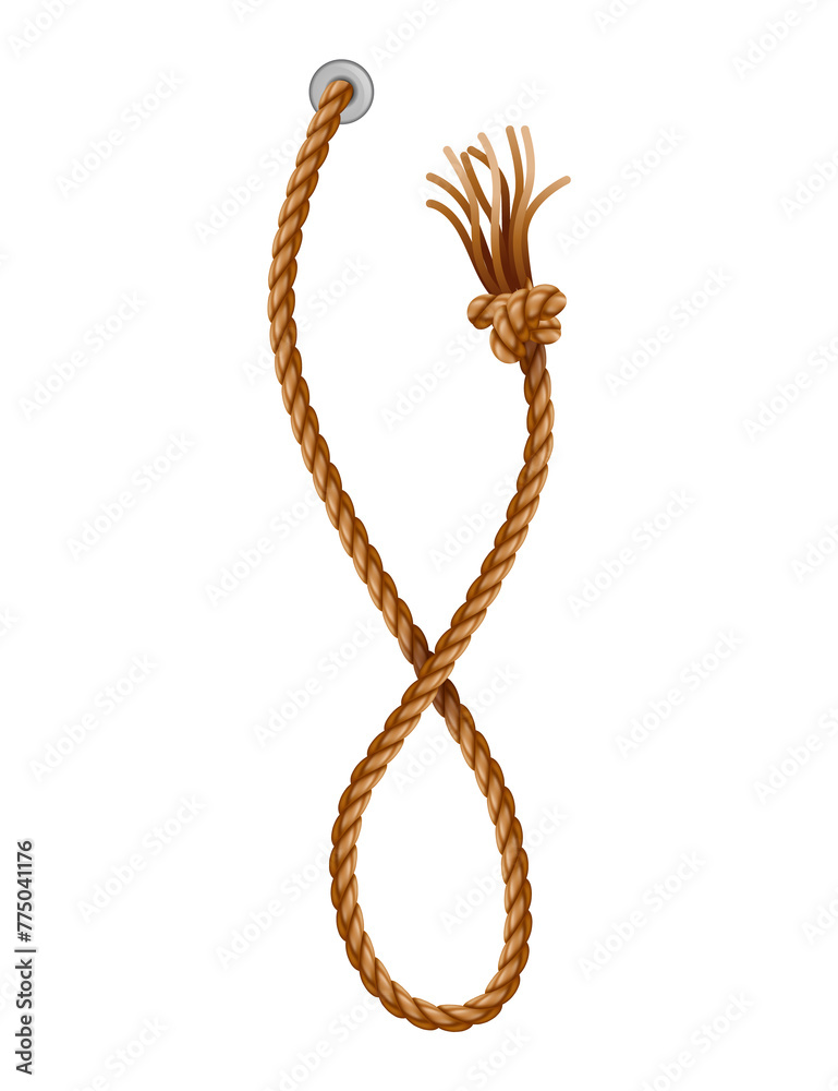 Knotted ropes with tassels and holes. Knot cord curve, rope sailor marine. Curtain tassels, realistic rope elements. Isolated marine twisted loops. illlustration