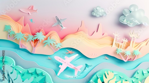 Flat paper cut background for world tourism day celebration. light  pastel colours