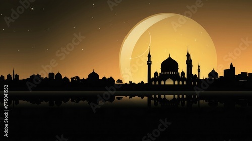 Silhouette of a mosque reflected in the water towering over the city against the backdrop of the setting sun photo