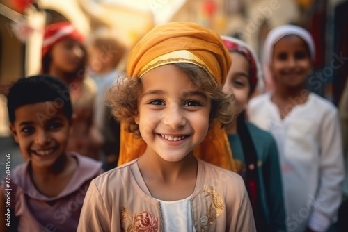 Portrait of a smiling Muslim boy with a yellow scarf on his head during a religious festival photo