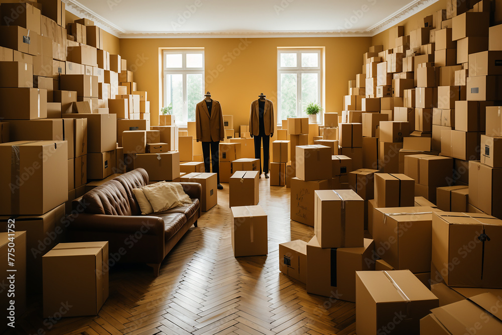 An elegant room filled to the brim with cardboard moving boxes, punctuated by the surreal presence of two mannequins dressed in suits. An elegant room filled to the brim with cardboard moving boxes, punctuated by the surreal presence of two mannequins dressed in suits.