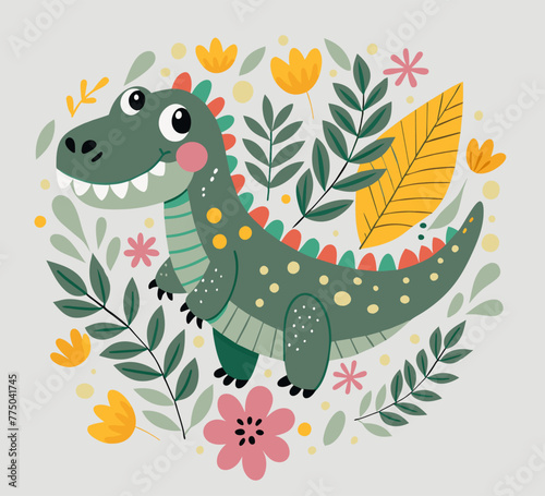 Funny green dinosaur. Cartoon stegosaurus on background of leaves and flowers. Cute dino. Childish illustration.