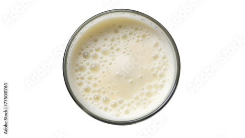 Top View Glass Bottle of Milk with Straw Isolated on White Background