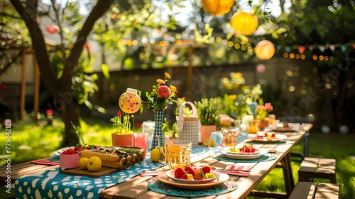 Festive Outdoor Gathering with Colorful Tableware and Natural Backdrop