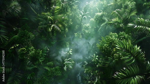 An aerial view of a dense jungle canopy teeming with wildlife