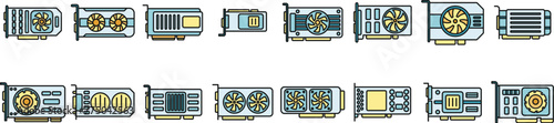 GPU graphic card icons set outline vector. Hard ware. Board capacitor thin line color flat on white