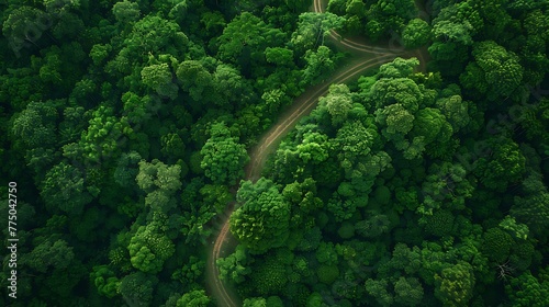 An aerial view of a dense forest canopy with winding hiking trails