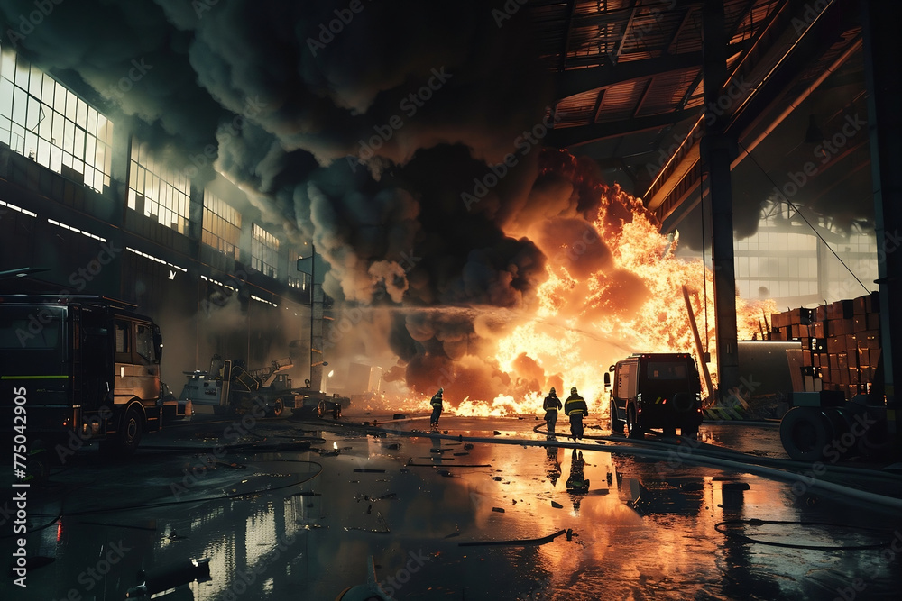A team of firefighters extinguishes a strong fire at an industrial plant.Brave people perform dangerous work.Firefighters use water and a fire extinguisher to fight the flames of a fire in an emergenc