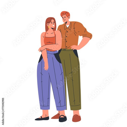 Man and woman couple vector cartoon clipart. Family in home outfit sign. Male and female equality or team concept. Boyfriend and girlfriend romantic posing. Person character stand or posing for selfie