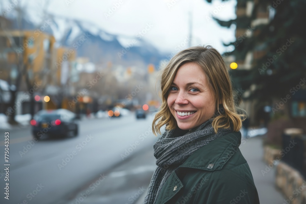 Portrait of a beautiful smiling woman on the background of the city