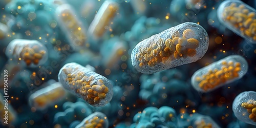 Closeup image of probiotics bacteria in a scientific setting showcasing their role in digestion and health. Concept Microbiology, Probiotics, Digestive Health, Scientific Research photo