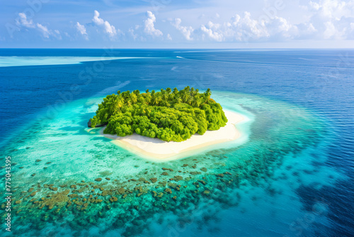 Aerial view of a vibrant turquoise atoll with lush green islands scattered throughout, surrounded by the vast Indian Ocean © Florian