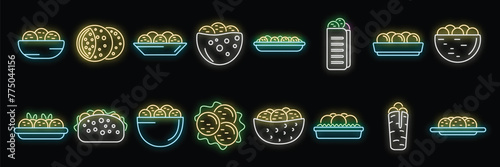 Falafel icons set outline vector. Pita food. Arab ball neon color on black