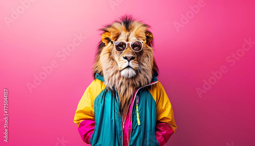 Cool lion with sunglasses wearing a colorful jacket. Generative ai design concept.