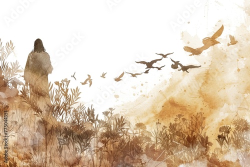 A minimalist watercolor illustration white jesus Look at the birds of the air. with boho patterns and textures adorning the scene
