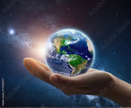  In a cosmic embrace, a hand cradles Earth, the blue globe symbolizing our interconnected world amidst the vastness of space.