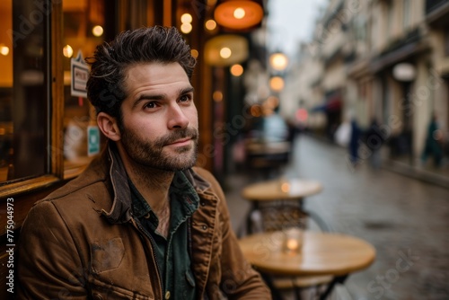 Portrait of a handsome young man in Paris, France. He is wearing a brown jacket.