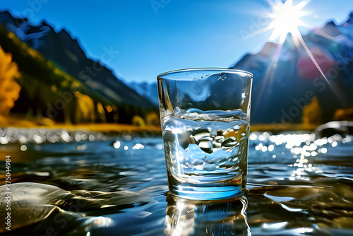 A glass of crystal clear clear water with splashes against the background of nature in the mountains. Refreshing and healthy water on hot days..