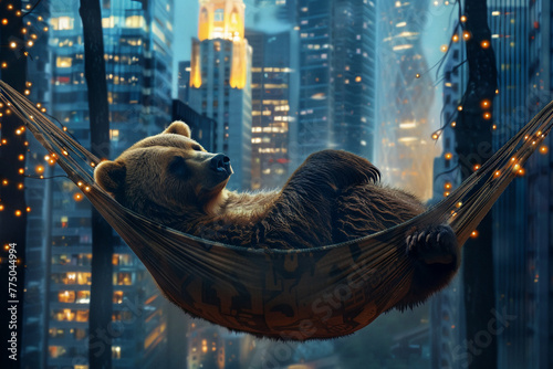 Generate an image of an abstract, towering grizzly bear curled up in a hammock suspended between two towering skyscrapers, with city lights twinkling in the background against the night sky