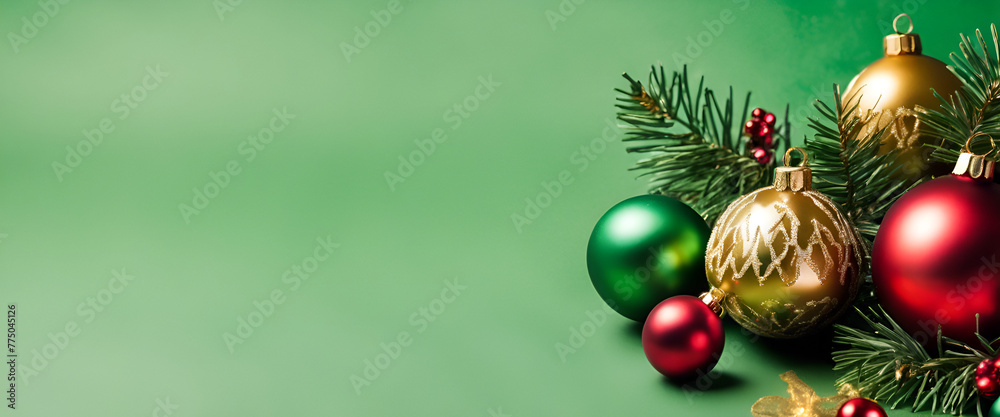 Christmas background with golden and red ornaments on green, festive decoration for holiday celebration banner template.