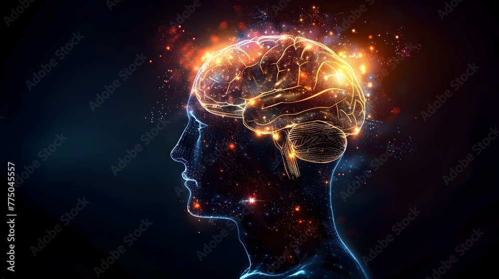 Obraz premium Glowing Neon Brain Revealing Fusion of and Human Intelligence