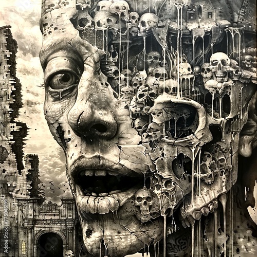 Psychedelic Poster with fantastic landscapes, mystical characters. AI Generated