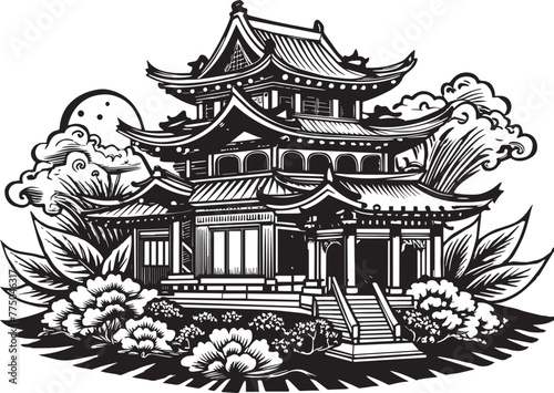Japanese architecture. Hand drawn vector illustration 